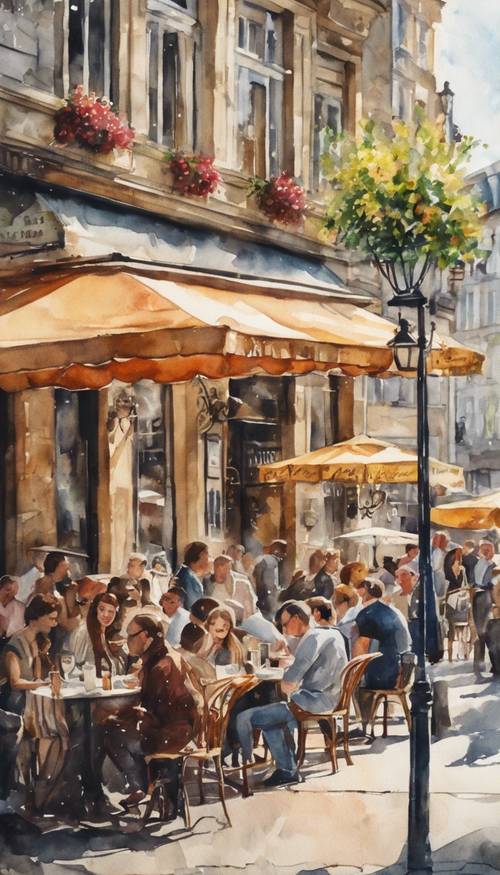 Watercolor tableau of a European street café bustling with people during a breezy afternoon. Tapet [00b35b8937b1452e896a]