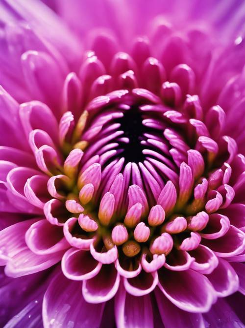 ศิลปะป๊อปอาร์ต CMYK บิดเบี้ยวในระยะใกล้ของดอกเบญจมาศสีม่วง