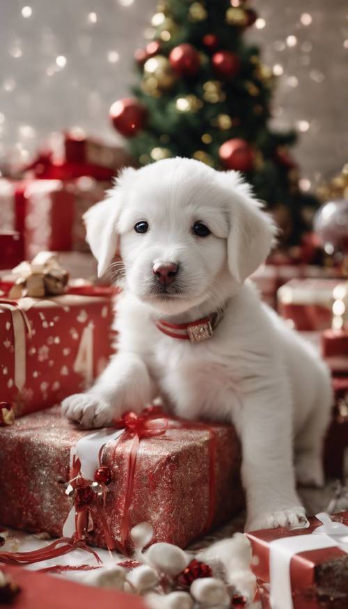 An adorable white puppy with a New Year's hat, sitting among holiday presents.
