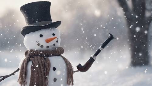 Manusia salju yang dihiasi topi dan pipa, di bawah butiran salju yang berjatuhan dengan lembut.