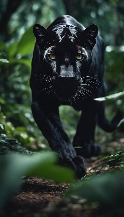 Czarna pantera grasująca nocą po gęstej dżungli