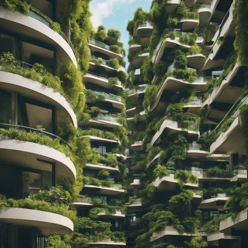 Konsep modern bangunan hutan vertikal dengan pepohonan hijau subur menghiasi dinding eksterior