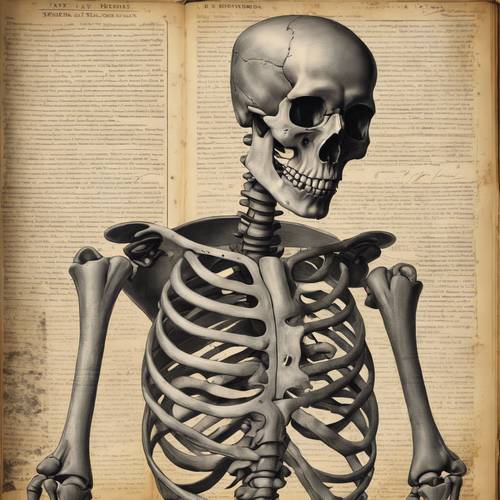 Una ilustración de un esqueleto del siglo XIX en un viejo y polvoriento libro de texto de medicina.