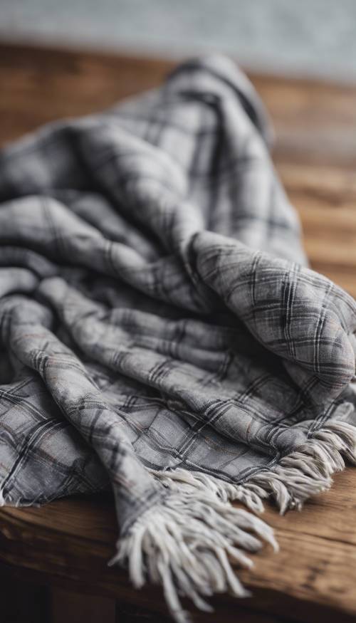 An elegant gray plaid blanket neatly folded on a wooden table.