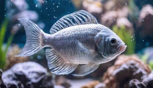 異國情調的銀魚在晶瑩剔透的熱帶水族館裡游泳。