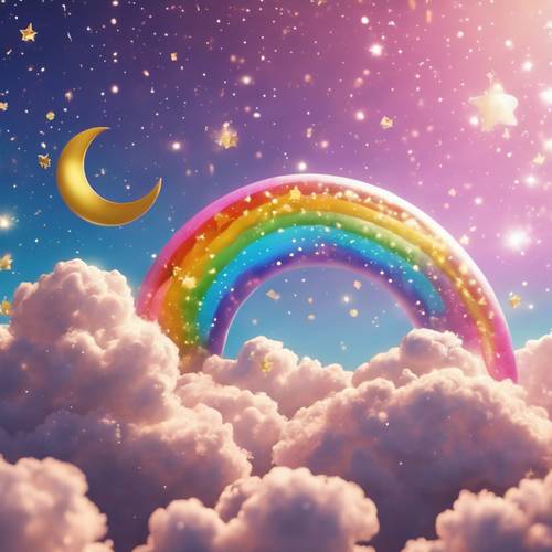 Nubes arcoíris de estilo kawaii flotando en un cielo lleno de estrellas brillantes y una luna creciente dorada.