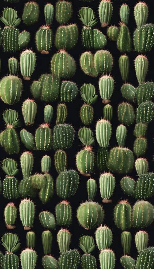 Un modello ripetuto di cactus verde scuro su uno sfondo nero.