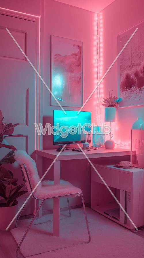 Luzes de néon rosa brilhantes em uma configuração de escritório doméstico
