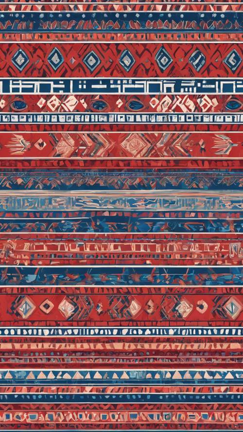 Um padrão vermelho e azul de inspiração asteca, apresentando uma sensação de herança cultural.