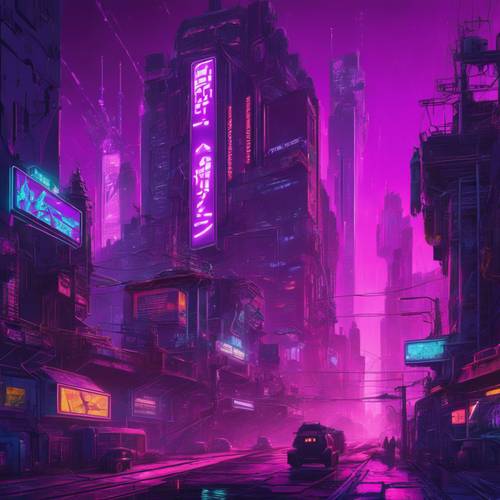 Futurystyczny cyberpunkowy pejzaż miejski, świecący głębokim fioletem, odzwierciedlający natężenie promieniowania licznych cyfrowych billboardów.