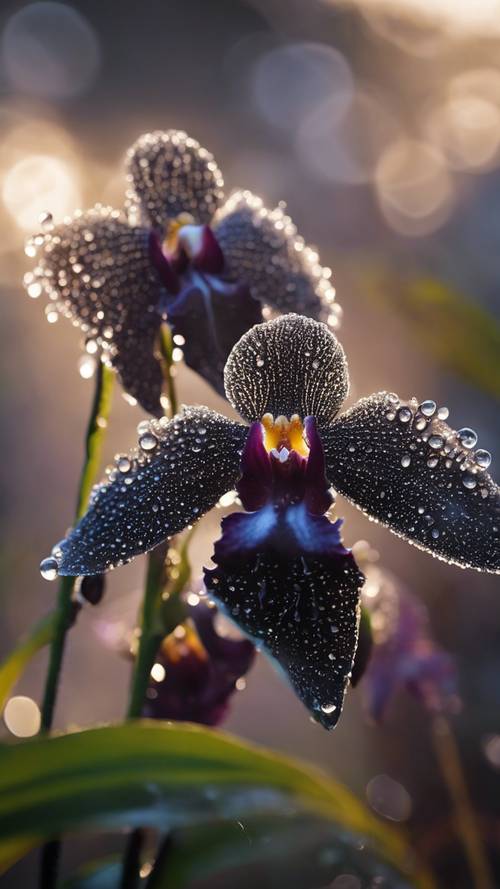 Черная орхидея с нежными лепестками, мерцающими каплями росы в лучах раннего утра.