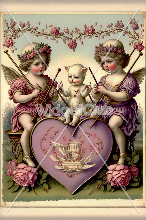 Ангельские дети и котенок с сердцем и цветами.