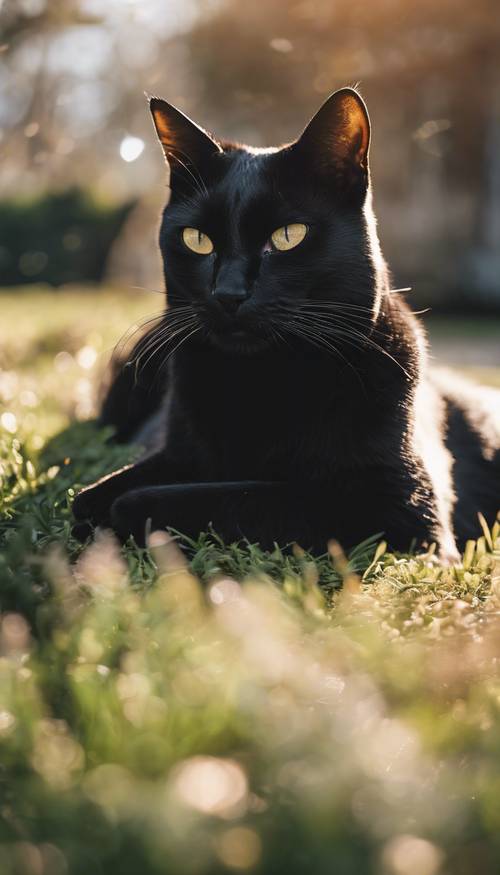 Um gato preto mais velho descansa ao sol, sua coleira em forma de estrela brilhando intensamente.