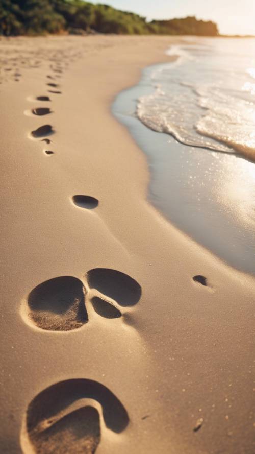 Ein versteckter, ruhiger Strand an einem klaren und sonnigen Julinachmittag mit Fußabdrücken im Sand.