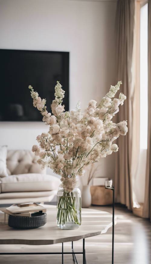 Una scena tranquilla di un soggiorno minimalista adornato con fiori contemporanei.