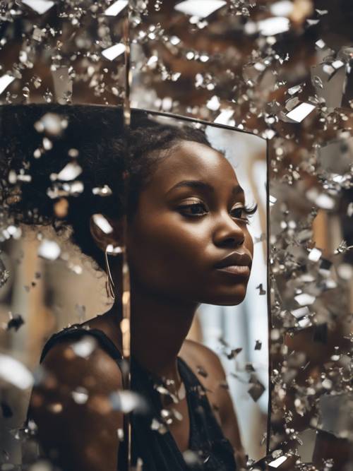 Una hermosa chica negra con sus reflejos dispersos en fragmentos de espejo caóticos a su alrededor.