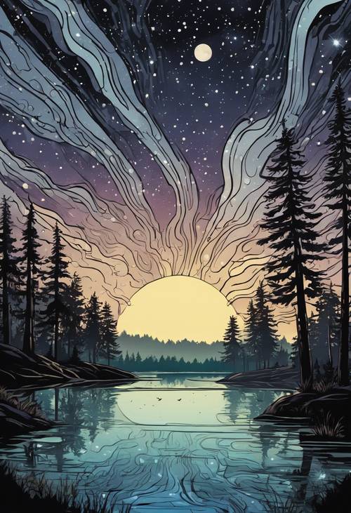 Um hipnotizante céu noturno estrelado sobre um tranquilo lago em estilo de desenho animado cercado por silhuetas de árvores altas.