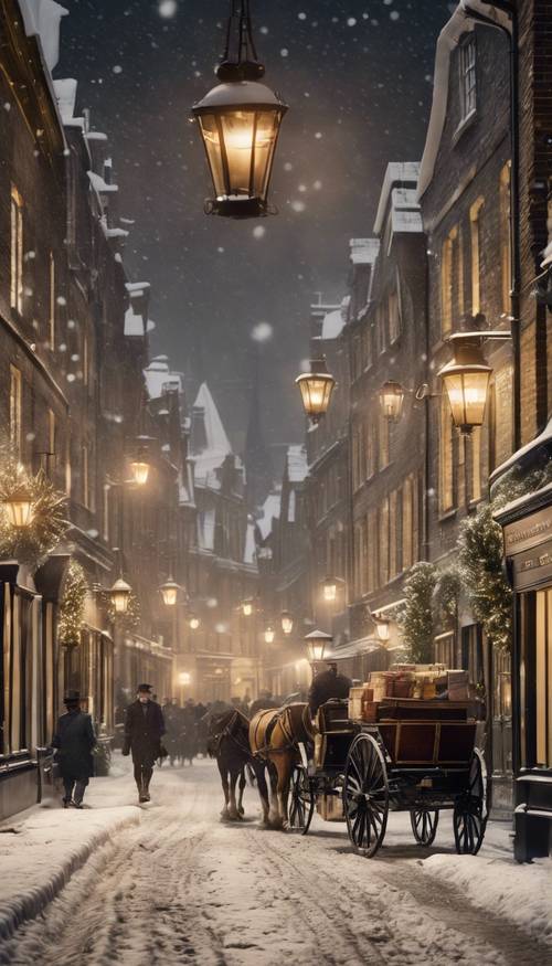 A Dickensian snowy Christmas street scene, with horse-drawn carriages and shoppers bustling along the cobblestones, carrying parcels and umbrellas. Тапет [bcec172d407440c7879f]