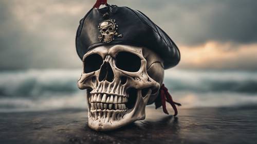 Ein grinsender Totenkopf mit einem Piratenhut aus Leder vor einer neblig-meeresartigen Kulisse.