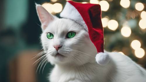 An elderly white cat with green eyes wearing a red Santa hat.