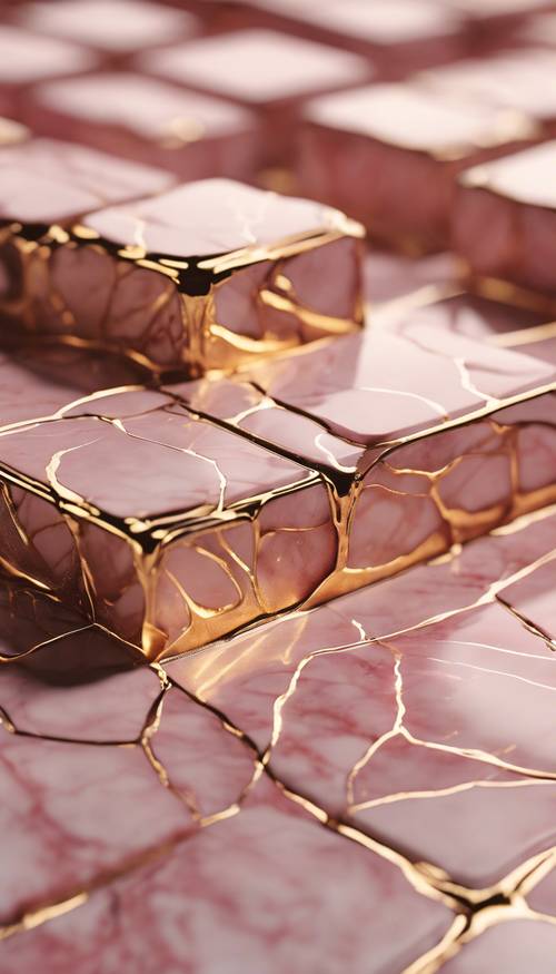 Les veines d’or complexes et enrichissantes s’étendent délicatement sur un champ de marbre rose.