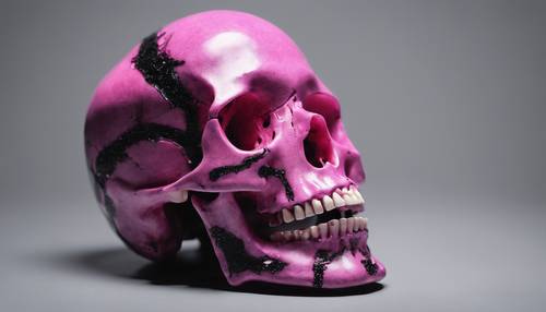 A pink skull imbued with black accents floating in a black outer space scenario.