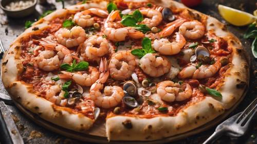 An adventurous seafood pizza laden with fresh shrimps, calamari, and baby clams resting on a bed of tangy tomato sauce.