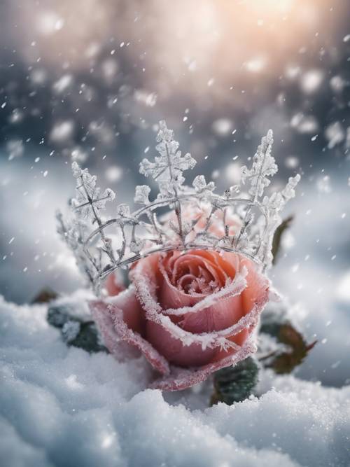 Delicate snowflakes forming a frosty crown atop a rose during a heavy winter snowfall.
