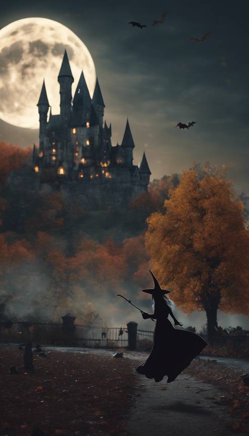 Eine Hexe, die zu Halloween auf einem Besen über den Mond fliegt, mit einem Spukschloss im Hintergrund.