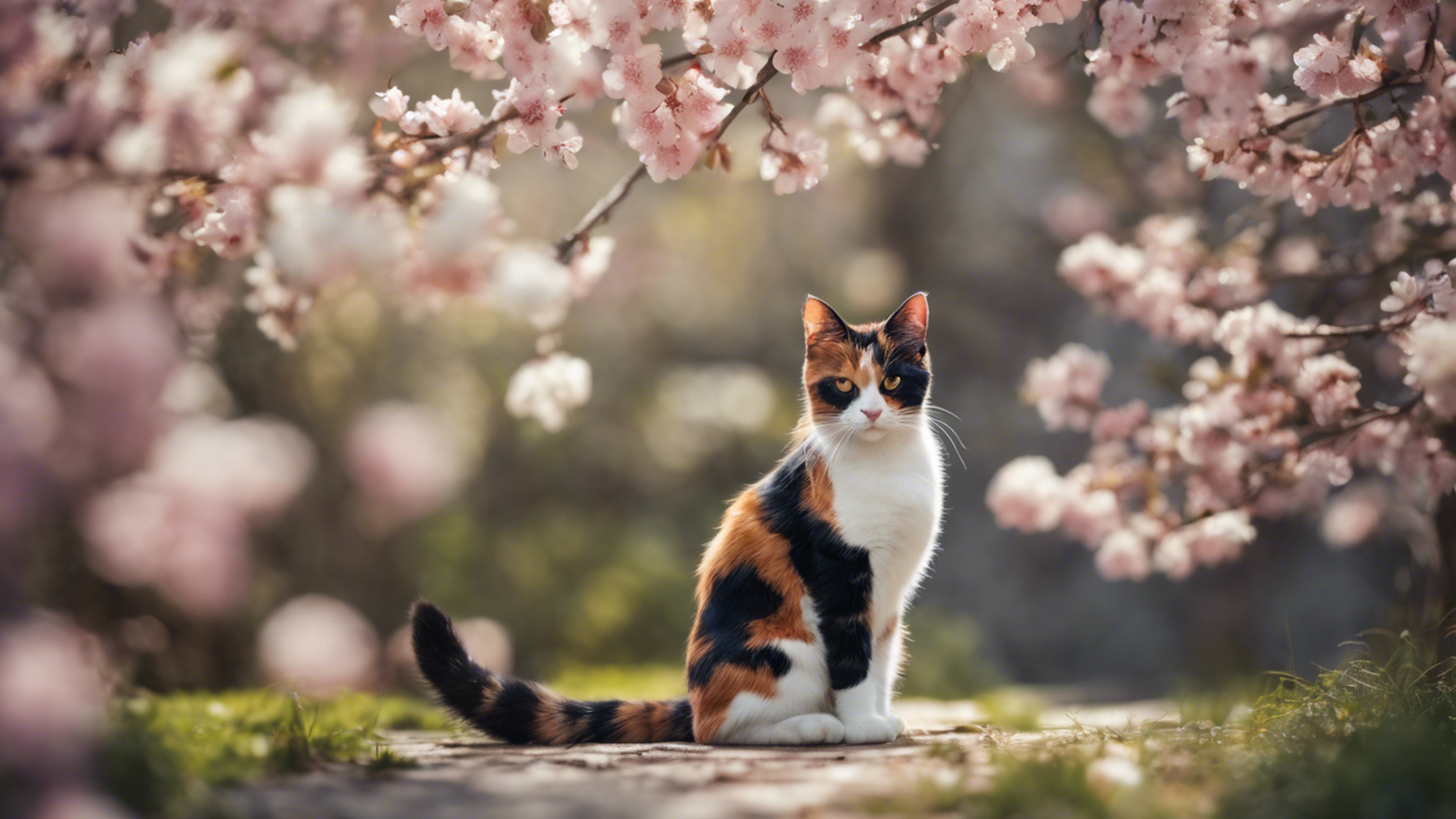 A scene of a secret conversation between spring blossoms and a curious calico cat. Обои[25a93ed29c5f43b5b851]