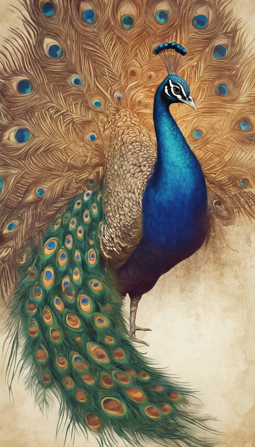 Sebuah ilustrasi kuno tentang burung merak yang agung menyebarkan bulu-bulunya yang cerah.