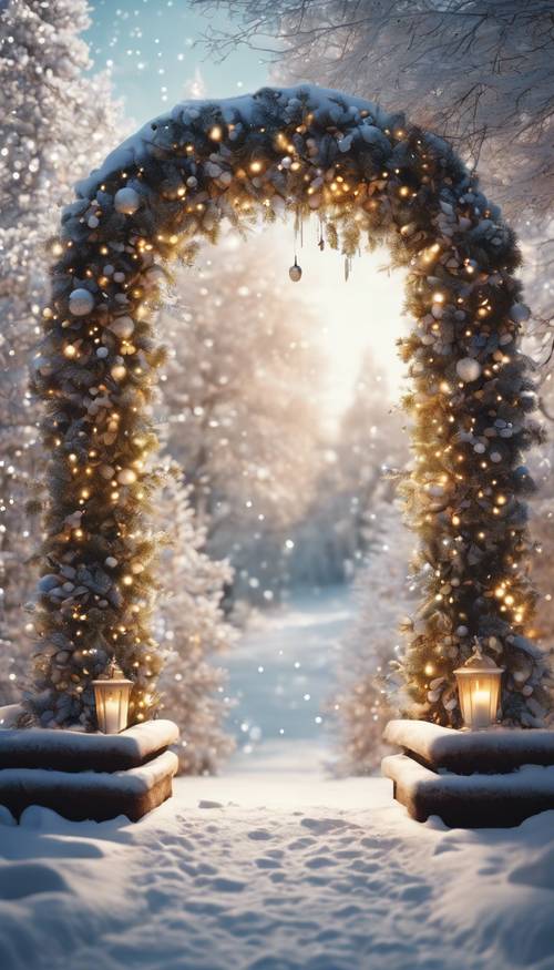 A magical portal leading to a Christmas wonderland, with lighted trees, snowfall, and golden pathways.