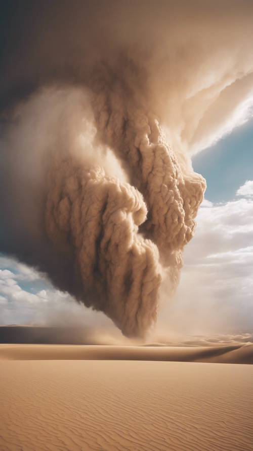عاصفة صحراوية شديدة تسبب دوامة رملية ضخمة ترتفع إلى السماء أثناء النهار.