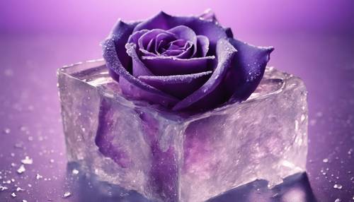 A purple rose frozen in a block of clear ice, preserved in its prime. Tapeta [6f68e0a8ec1646a9b0b4]