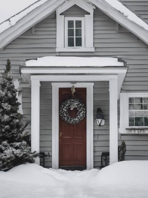 Prise de vue extérieure d&#39;une maison minimaliste enneigée avec une seule couronne sur la porte