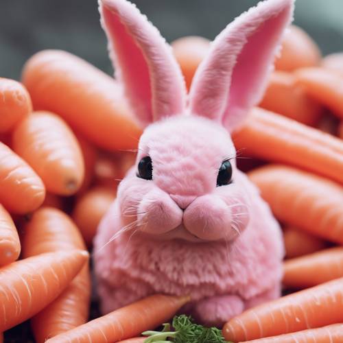 Un lapin kawaii rose pastel grignotant une carotte.