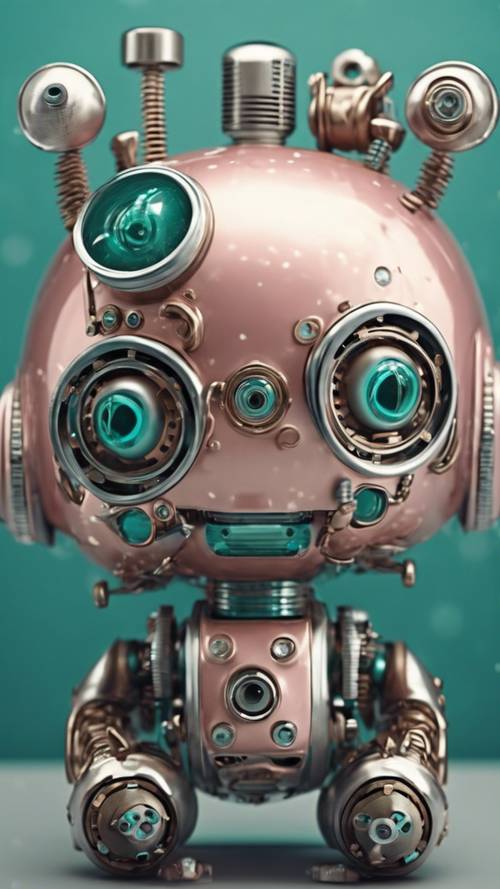 Eine Nahaufnahme mit extrem vielen Details eines blaugrünen Kawaii-Roboters mit freundlichen Augen, dezenter Röte auf den Wangen und wunderschön gearbeiteten Zahnrädern und Kippschaltern aus Metall.