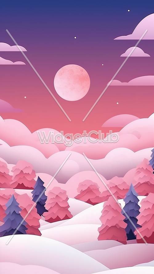 Cielo rosa y luna llena sobre un bosque de ensueño