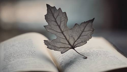 Szary liść jako zakładka w starym tomiku poezji.