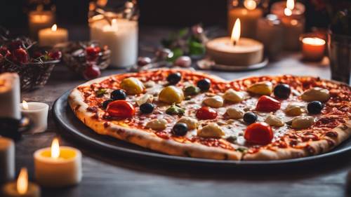 A heart-shaped pizza with diverse toppings in a romantic setting with candles.