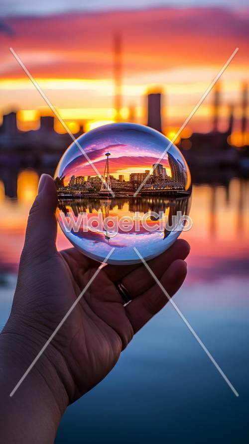 西雅圖天際線在日落時的水晶球