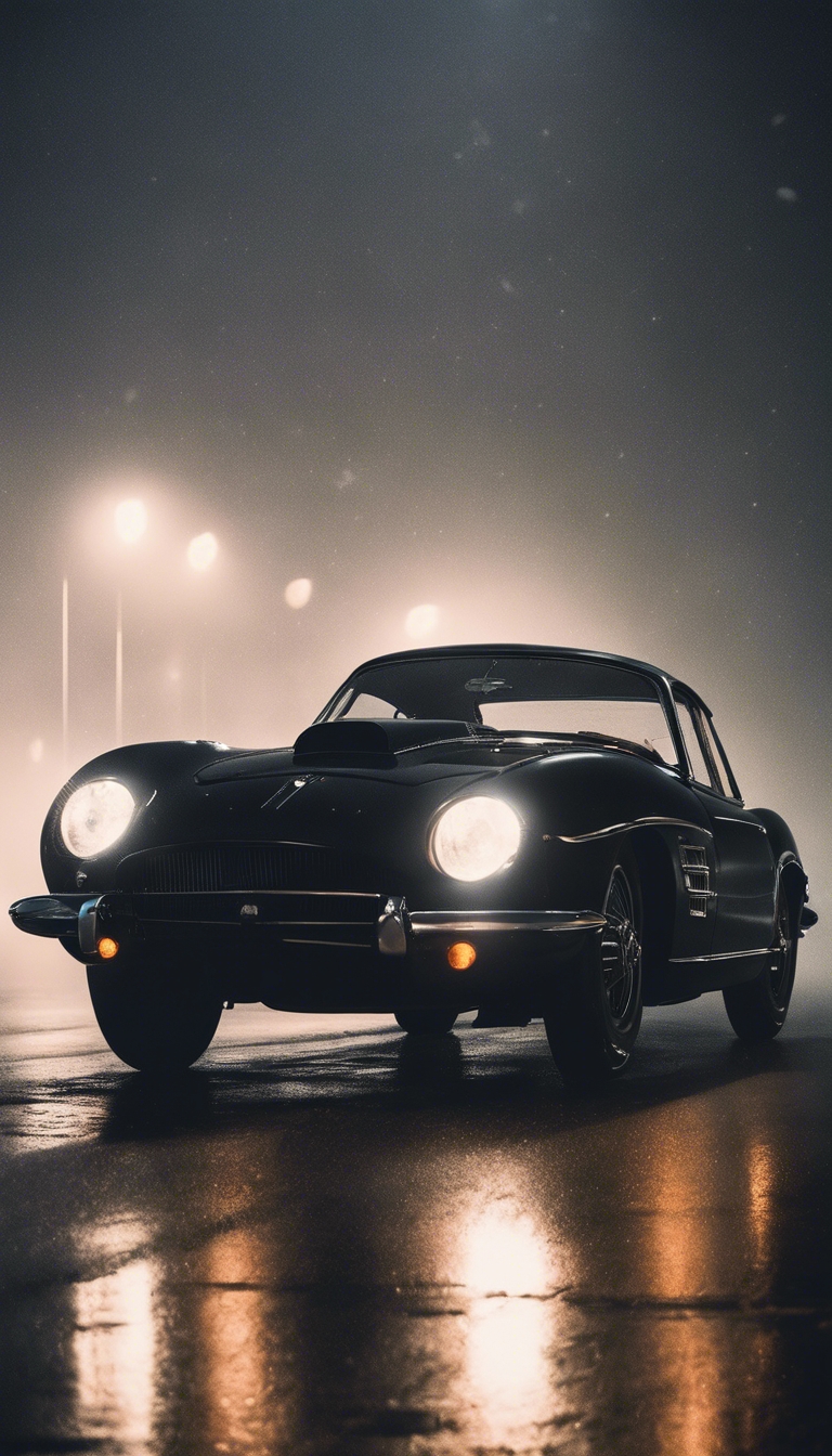 A black sleek 1960's luxury sports car on a misty night Шпалери[5041df43fadd4f3e99c0]
