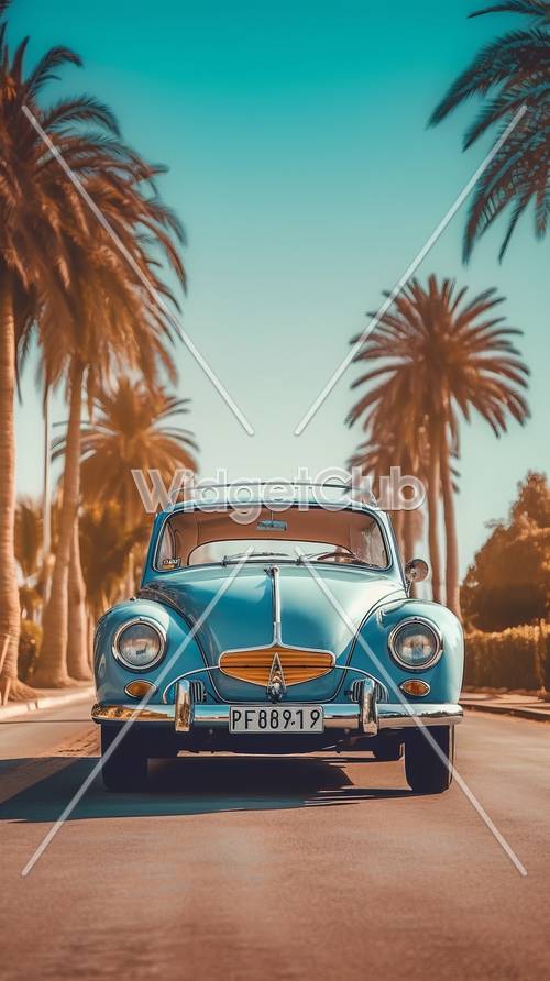 Vintage Blue Car Under Palm Trees