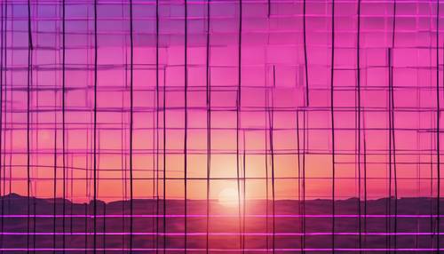 80年代風のピンクと紫の夕焼け壁紙、格子模様の地面をバックに