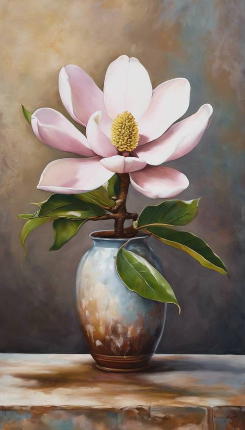 Una pintura detallada y vibrante de una magnolia sureña en plena floración en un jarrón rústico. Fondo de pantalla [503aeb0d19324fd08a98]