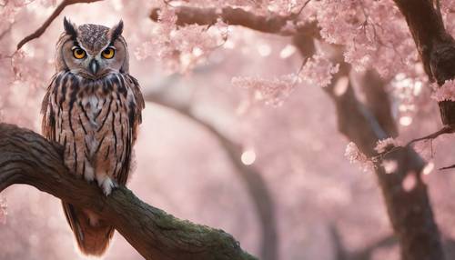 An old wise owl, perched on an ancient oak, emanating a light pink aura. Tapet [e3a9db8be5b445969c59]