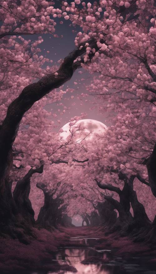 Hutan pohon sakura hitam di bawah bulan purnama