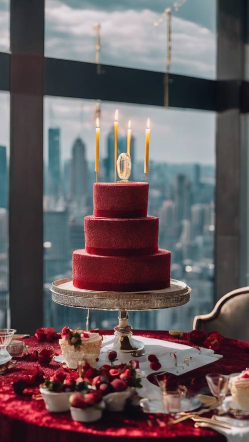 Una festa di compleanno sofisticata in un elegante roof top urbano, elegantemente adornata con lampadari in vetro, vista sullo skyline della città e una lussuosa torta di velluto rosso come centrotavola.