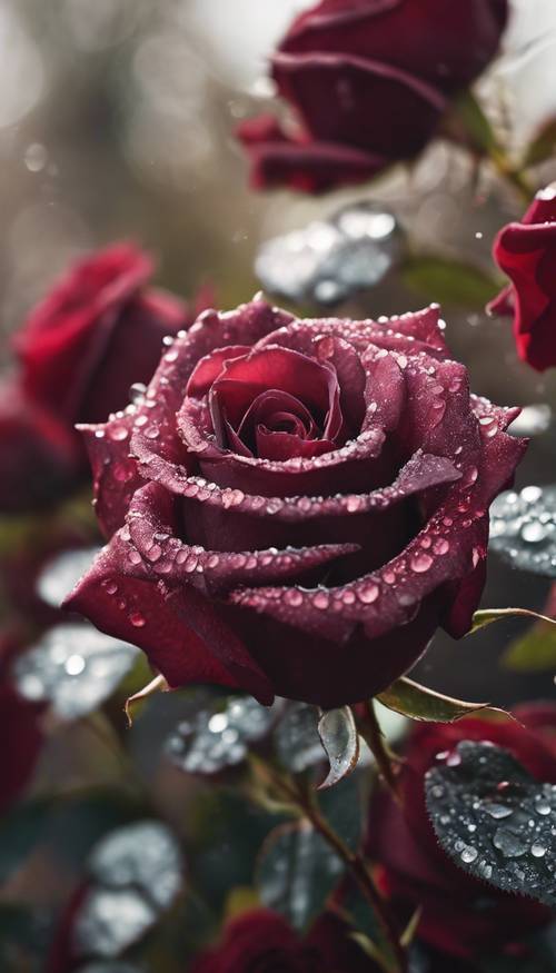 A close-up of burgundy roses with shiny dew droplets