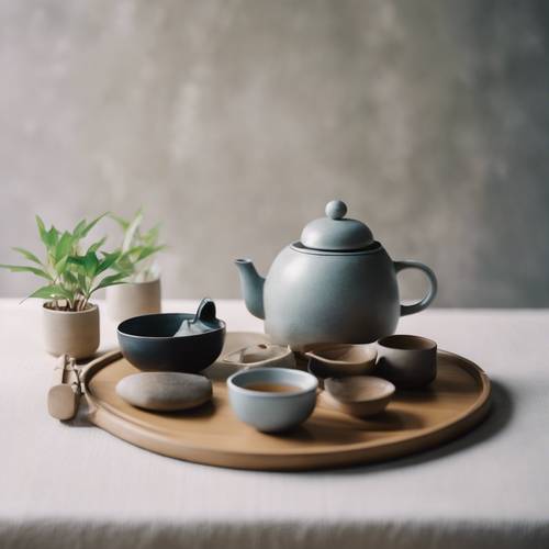 A traditional Japanese tea ceremony setup showcasing minimalist design principles. Tapeta [9a71920651904352b22d]